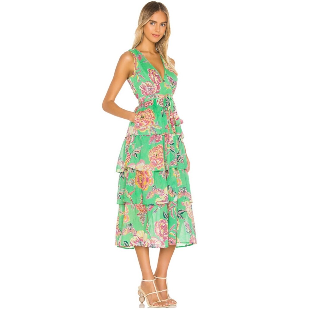 BANJANAN Eliza In Rose Garden Island Green Print Maxi Dress